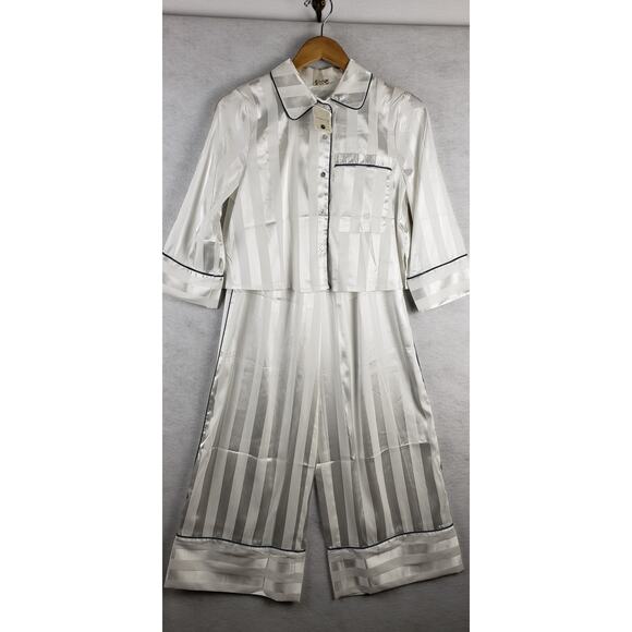 Free People XS Wide Leg Satin Pajama Set Ivory White Stripe Minimalist Basic NWT - Picture 1 of 10